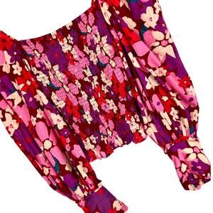 FREE‎ PEOPLE Women's XS Floral Party Combo Ariana Art Smocked Blouson Sleeve Top
